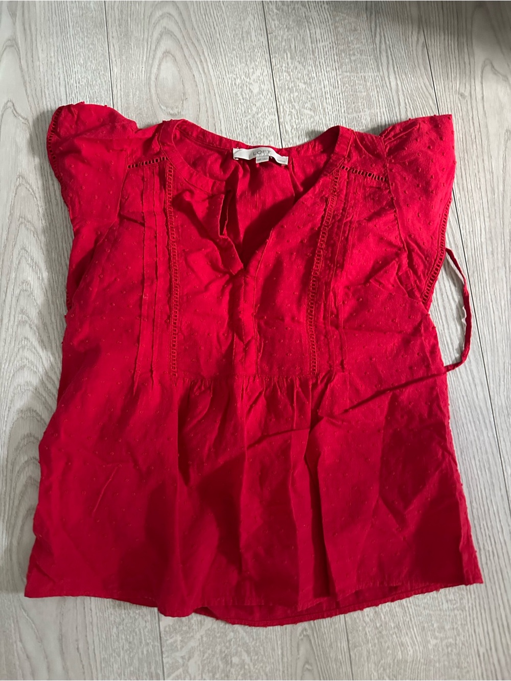 LOFT Red Cotton Eyelet Flutter Sleeve Blouse